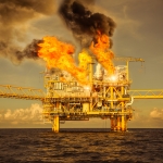 offshore oil and gas fire case or emergency case, firefighter operation to control fire on oil and gas production platform, offshore worst case and can’t control fire, man overboard.