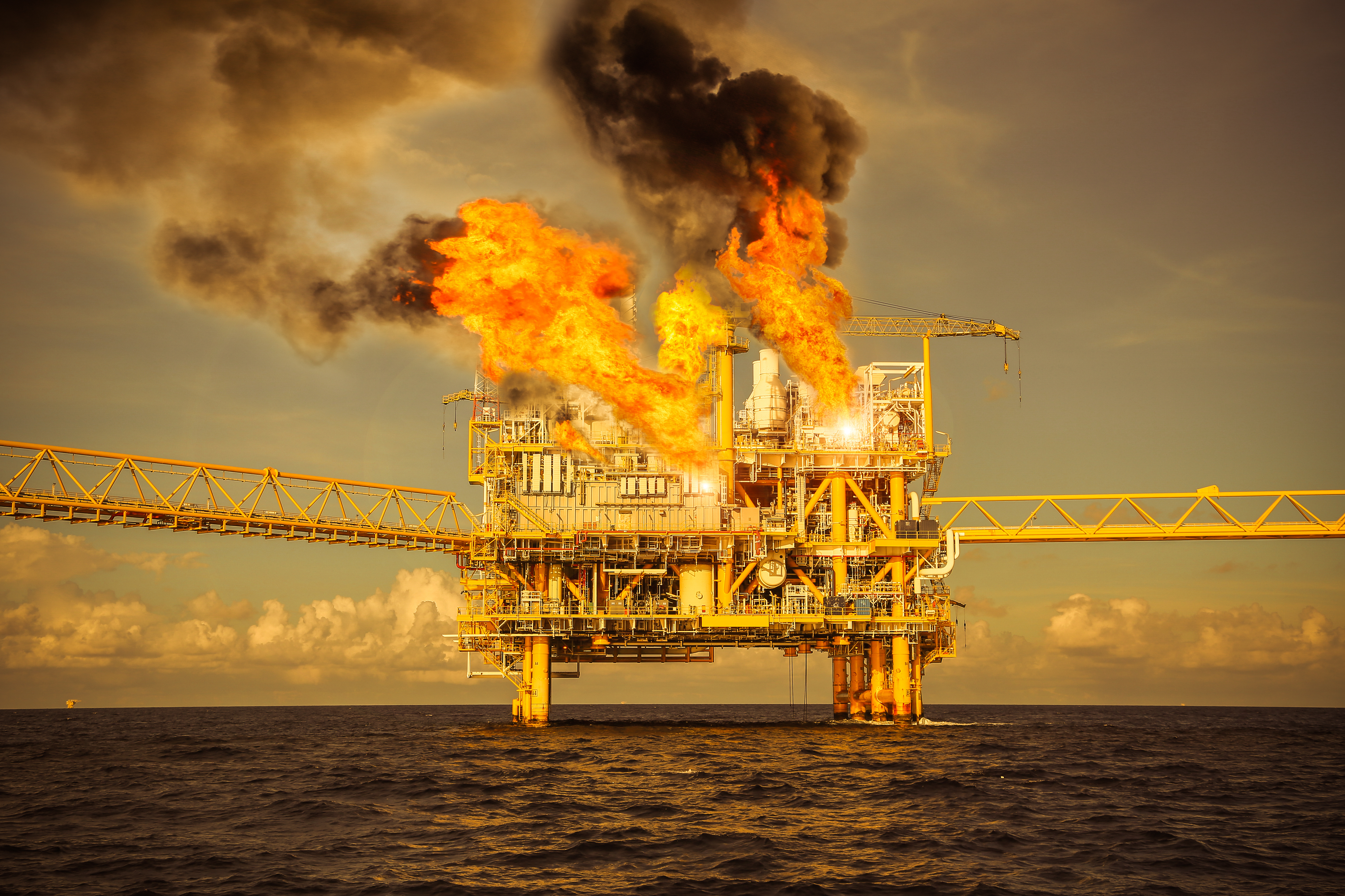 offshore oil and gas fire case or emergency case, firefighter operation to control fire on oil and gas production platform, offshore worst case and can't control fire, man overboard.