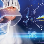 close up of scientist face in chemical lab