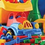 Composition with colorful plastic children toys