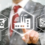 Industry 4.0 business concept. Businessman touched industrial mo