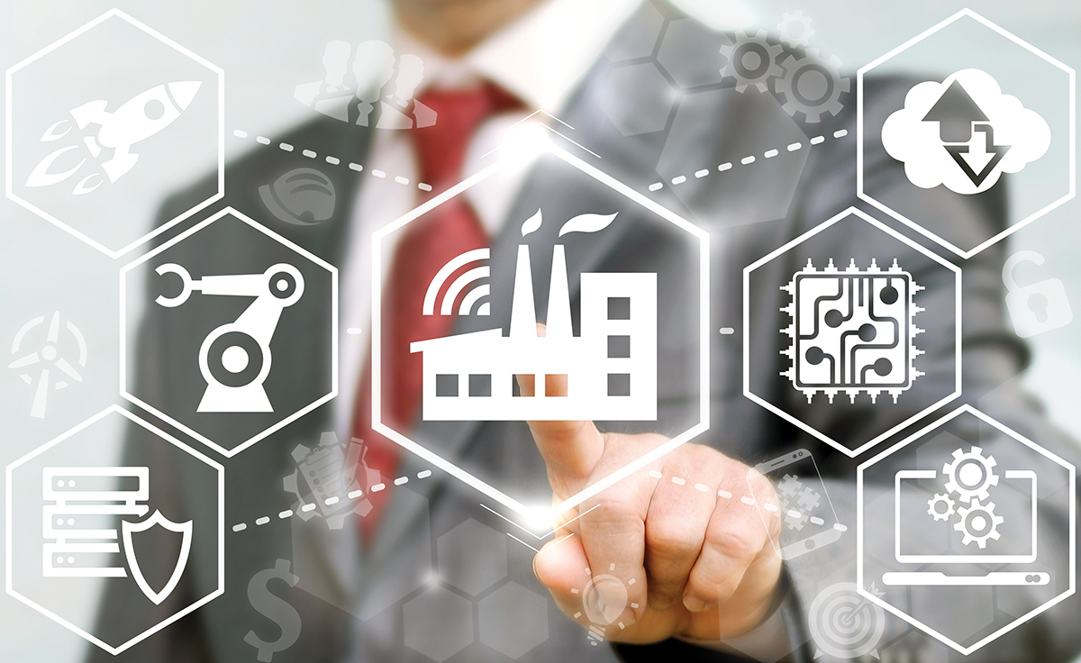 Industry 4.0 business concept. Businessman touched industrial mo