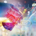 Double exposure of scientist hand holding laboratory test tube