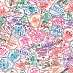 Passport visa stamps, seamless pattern. International and immigration office rubber stamps. Traveling and tourism concept background