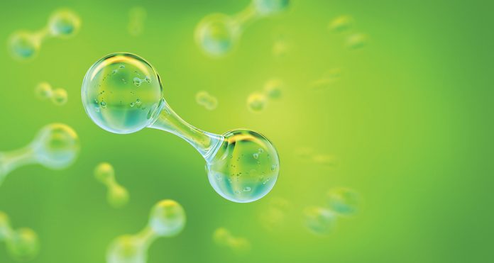 Green Hydrogen H2 gas molecule. Production of green hydrogen ene