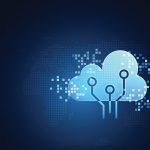 Futuristic blue cloud with pixel digital transformation abstract