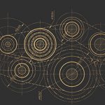 Technological background.Drawing of gears .School physics.Engineering Project.Technology black banner. Industrial mechanics. Vector illustration.