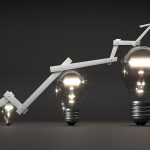 old glowing light bulb with arrow in front of background – 3D Il