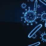 Futuristic immunology web banner with glowing low polygonal virus and bacteria cells.