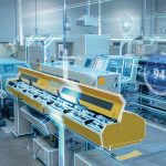 Futuristic Design: Factory Digitalization with Information Lines Lying Through the High-Tech Modern Electronics Facility. CNC Automatic Machinery Manufacturing Products Using IoT Industry 4.0