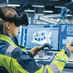 Factory: Female Industrial Engineer Wearing Virtual Reality Head