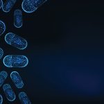 Futuristic medicine concept with glowing low polygonal capsule pills on dark blue background.