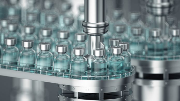 3d,Render.,Pharmaceutical,Manufacture,Background,With,Glass,Bottles,With,Clear