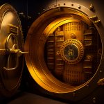 Bank vault with open door. Store Gold bar, inside in Gold vault