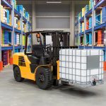 Chemical storehouse with intermediate bulk container on the fork