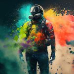 man with gas mask in colourful explosion, generative ai
