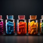 Colorful capsules in glass bottles, set on black background. Pills of drugs. Pharmacy banner. Painkiller medicine and antibiotic resistance concept. Pharmaceutical industry. Image is AI generated.