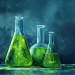 Colorful image of green chemical liquid in laboratory glasses. G