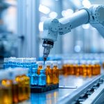 Automated Pharmaceutical Testing Lab. A modern laboratory equipped with automated robotic arms testing new pharmaceuticals, showcasing advanced medical technology and precision.