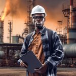 Black Man technologist with laptop or tablet. Oil industry. Guy near plan building. Oil refinery technologist. Generative Ai.