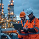 Two men in orange safety vests are looking at a laptop computer