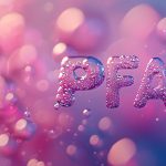 Colorful abstract illustration of PFAS text underwater with bubbles and light