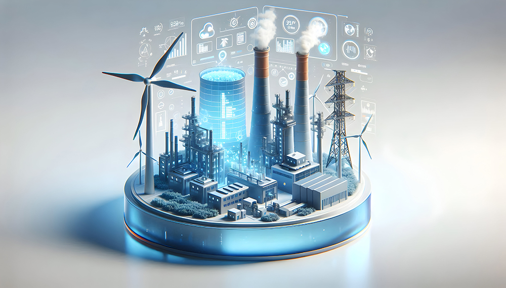 High Angle 3D Glossy Factory and Wind Turbine with Holographic E