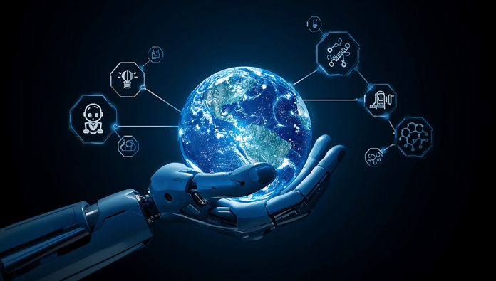 Robotic hand holding planet Earth with glowing futuristic scienc