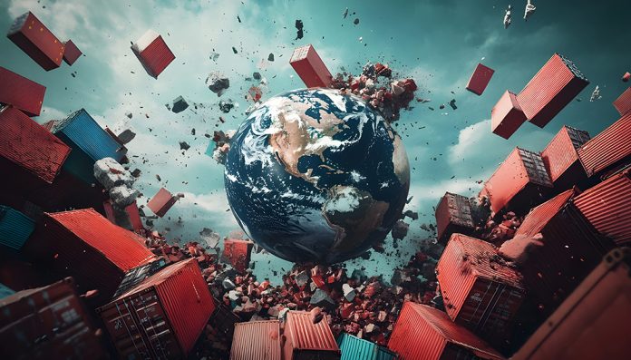 Damaged planet Earth breaking apart under impact of shipping con