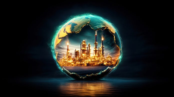 Industrial Cityscape Inside Glowing Planetary Sphere With Reflec