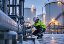 Hidden risks of routine winter shutdowns at chemical sites Maintenance worker inspecting frosted pipework at a chemical storage facility during winter shutdown operations.