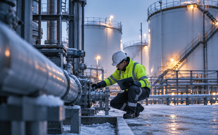 Maintenance worker inspecting frosted pipework at a chemical storage facility during winter shutdown operations. Maintenance worker inspecting frosted pipework at a chemical storage facility during winter shutdown operations.