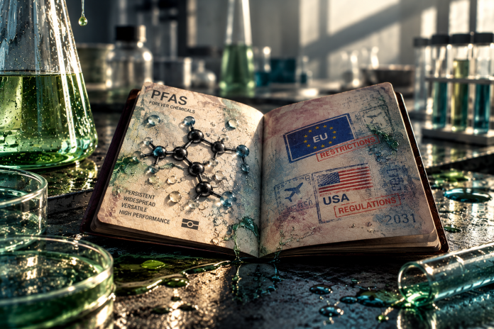 Open passport showing a PFAS molecule and contrasting EU and US regulations.