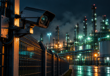 Chemical plant security in an era of rising infrastructure threats Security camera monitoring a chemical plant perimeter at night