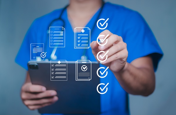 Check list concept.Medical worker with online checklist survey,digital assessment, online evaluation, medical survey, data collection and healthcare workflow.