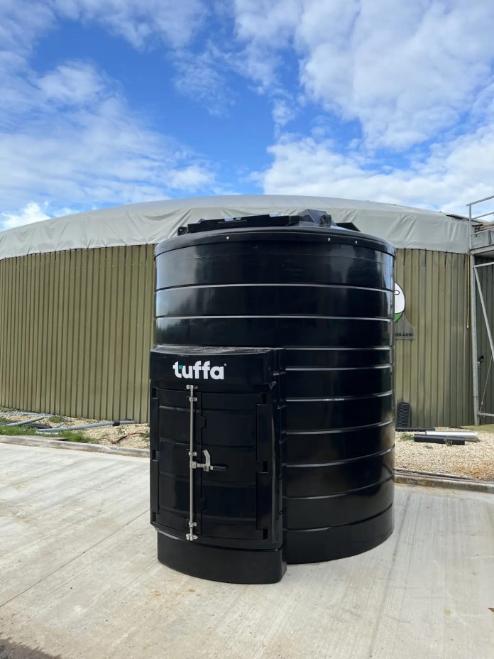 Tuffa chemical storage tank at Stowell Farms, supporting safe ferric chloride storage and improved biogas production